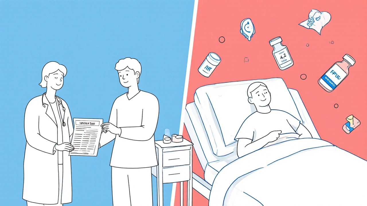 Doctor giving blood test result with high INR, hospital scene with reversal meds