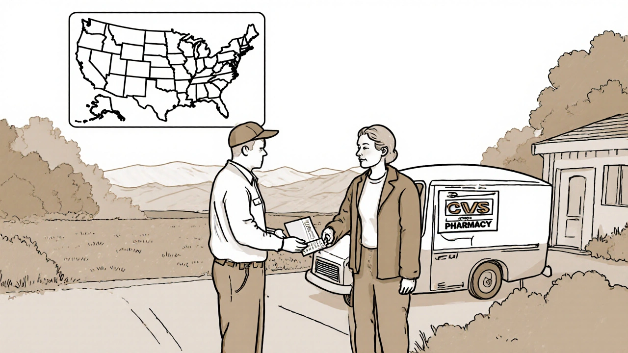 Elderly person receiving a mail-back envelope for safe medication disposal