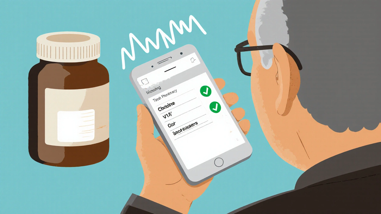 Elderly person using a phone app to verify a prescription label, with audio waveforms indicating voice guidance.