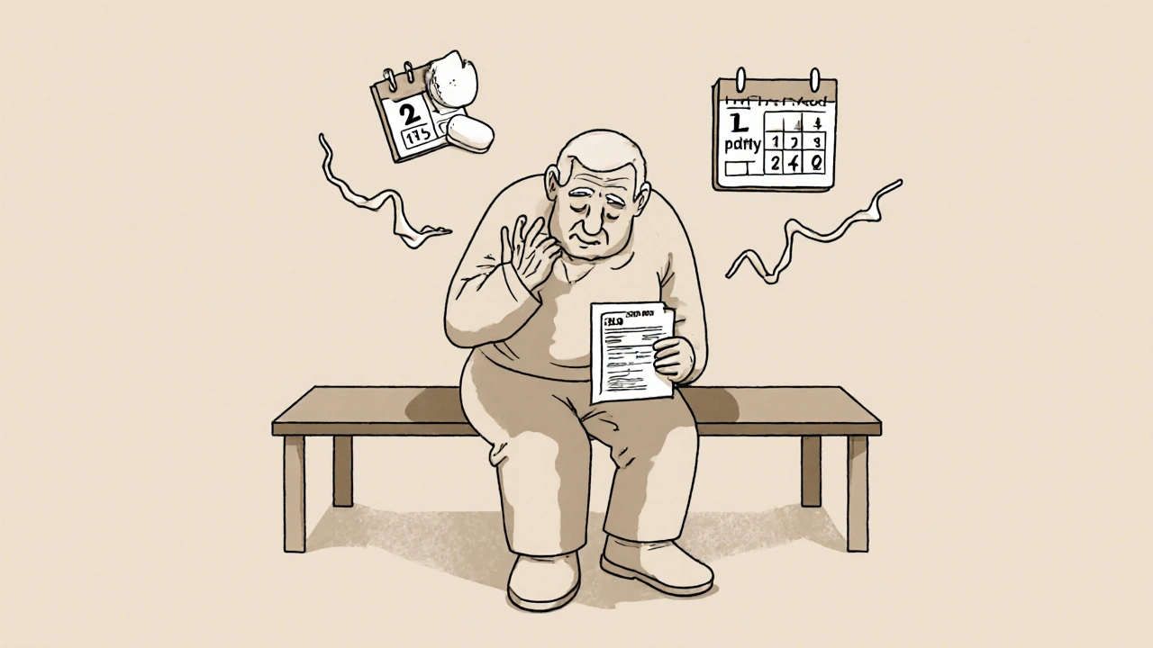 Elderly person with broken tendons in shoulder and heel, prescription nearby.