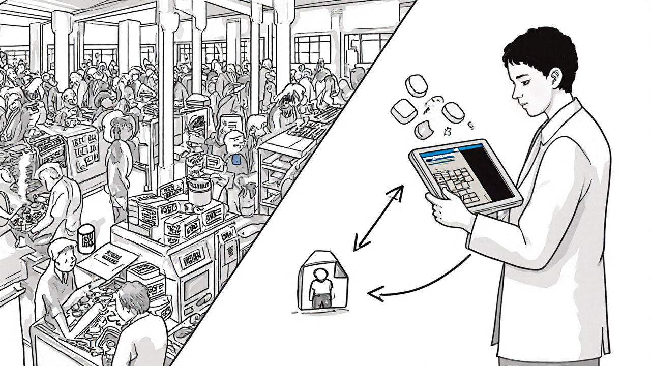 Factory and village pharmacy connected by pills traveling from production to patient.