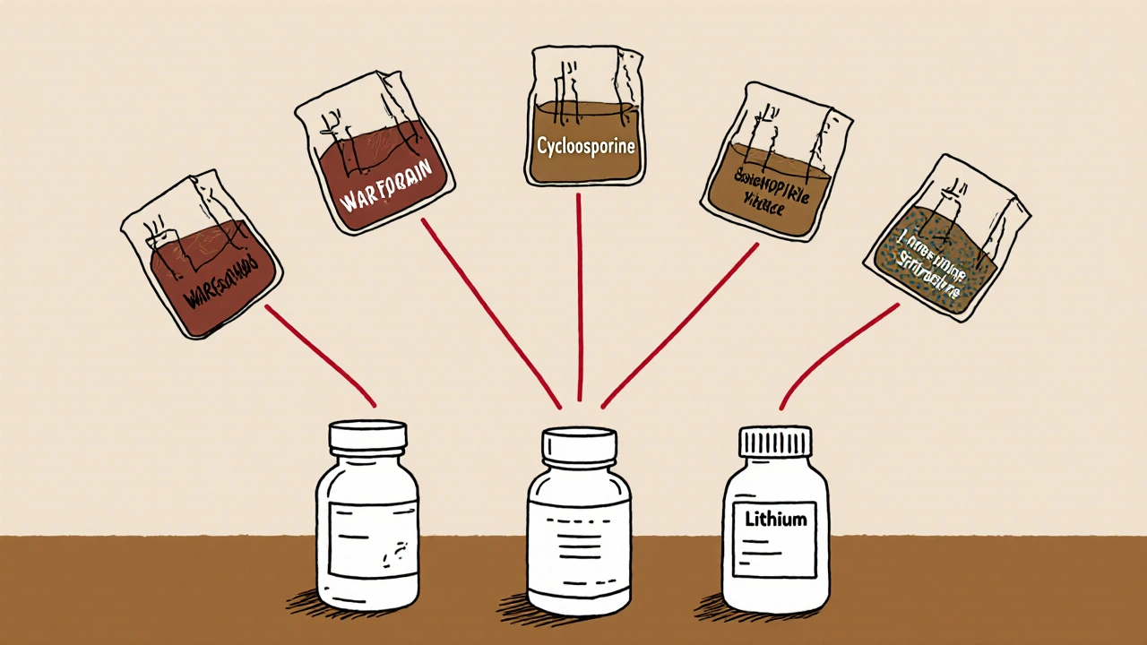 Five herbal teas interacting with prescription bottles via red lines