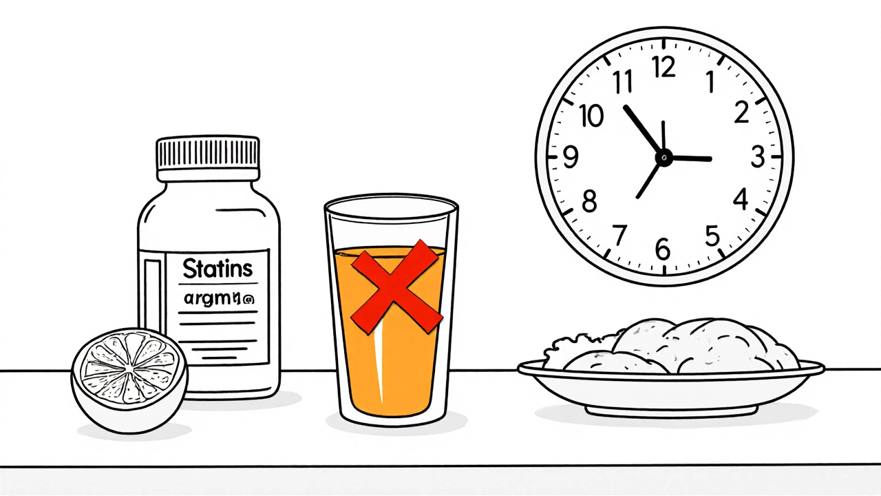 Grapefruit juice replaced by orange juice beside statin medication bottle