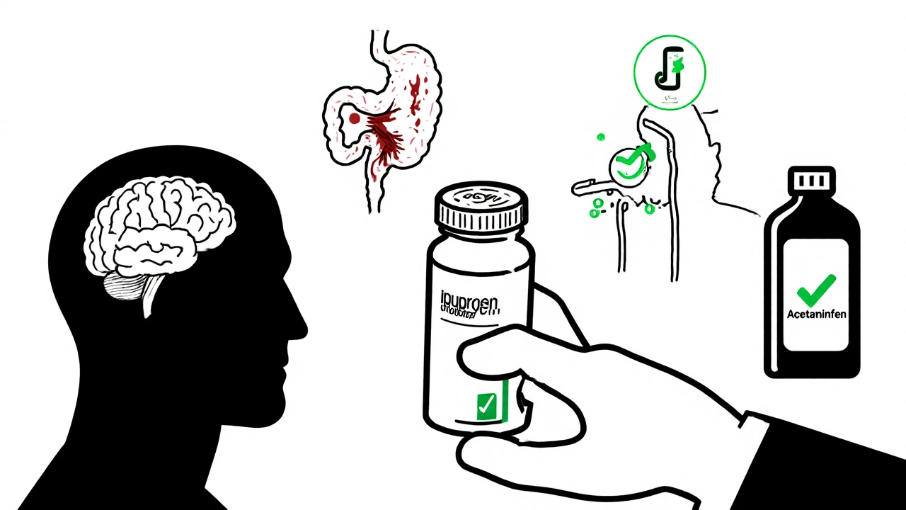 Hand reaching for ibuprofen while shadowy bleeding risks loom behind