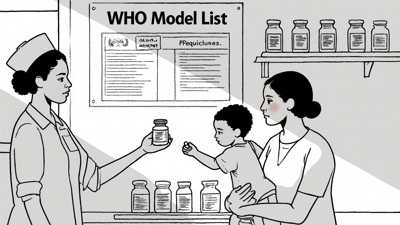 Nurse giving a pill bottle to a mother in a rural clinic with WHO list on the wall.