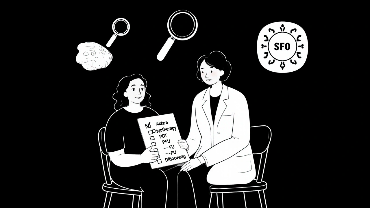 Patient and dermatologist reviewing treatment options with sun protection symbol