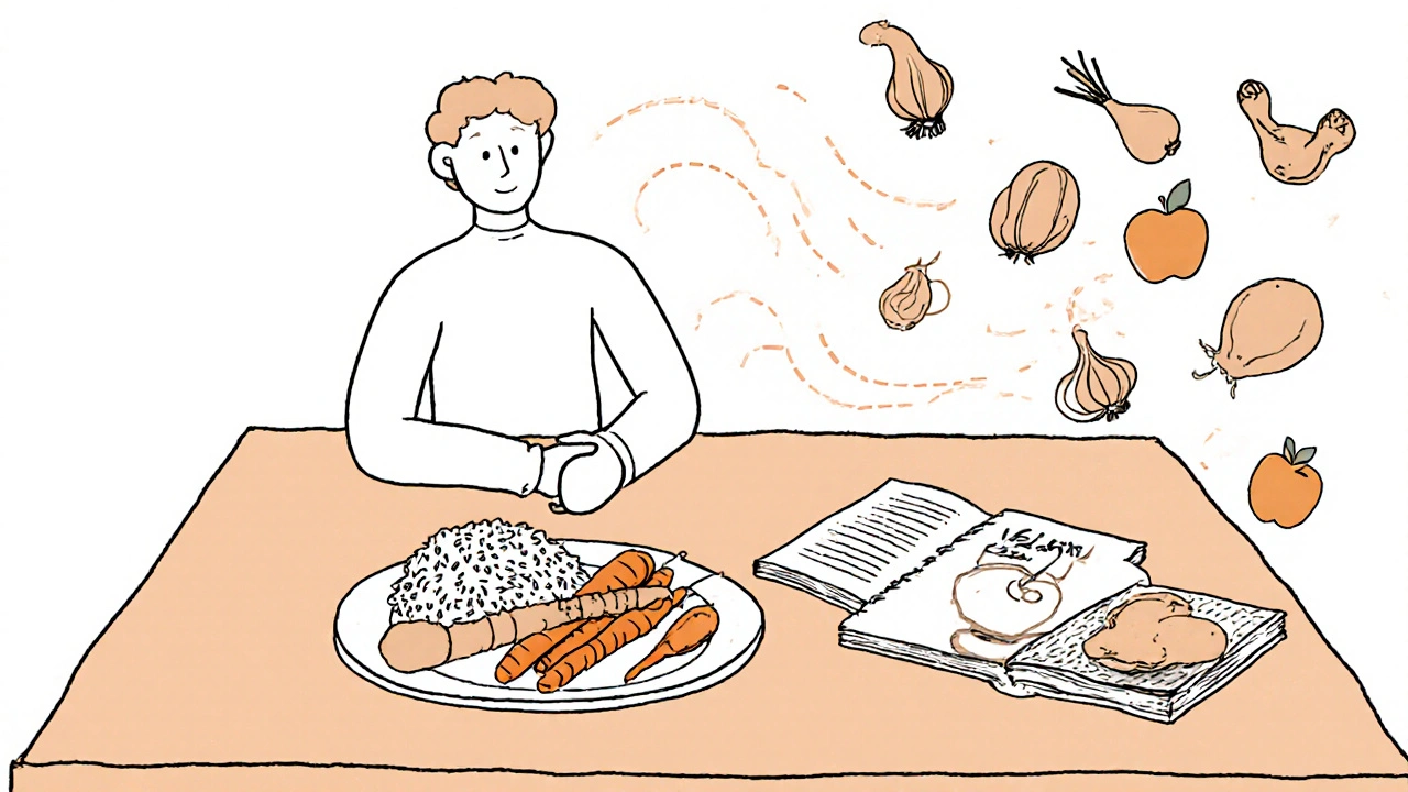 Person journaling food at a table with low-FODMAP meals while trigger foods fade away.