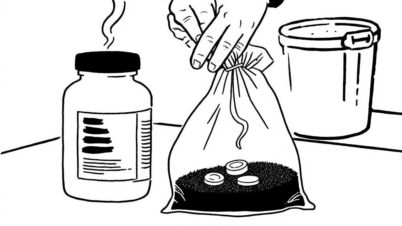 Person mixing pills with coffee grounds in a sealed bag for safe disposal