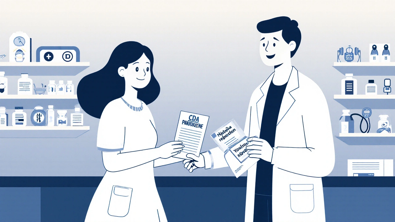 Person receiving naloxone at pharmacy with supportive pharmacist and CDC guide in hand.