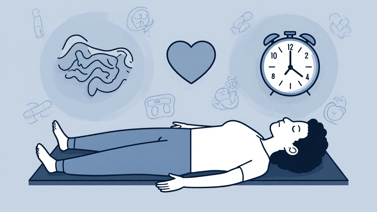 Person resting in yoga pose with calming symbols representing gut-brain connection and healing timeline.