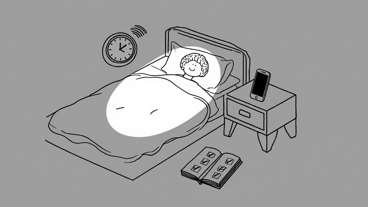 Person sleeping peacefully with sleep habits tracked in journal beside bed