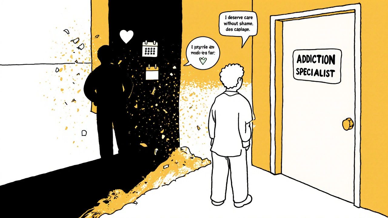 Person walking away from stigma toward a specialist clinic, symbolizing empowerment and hope.