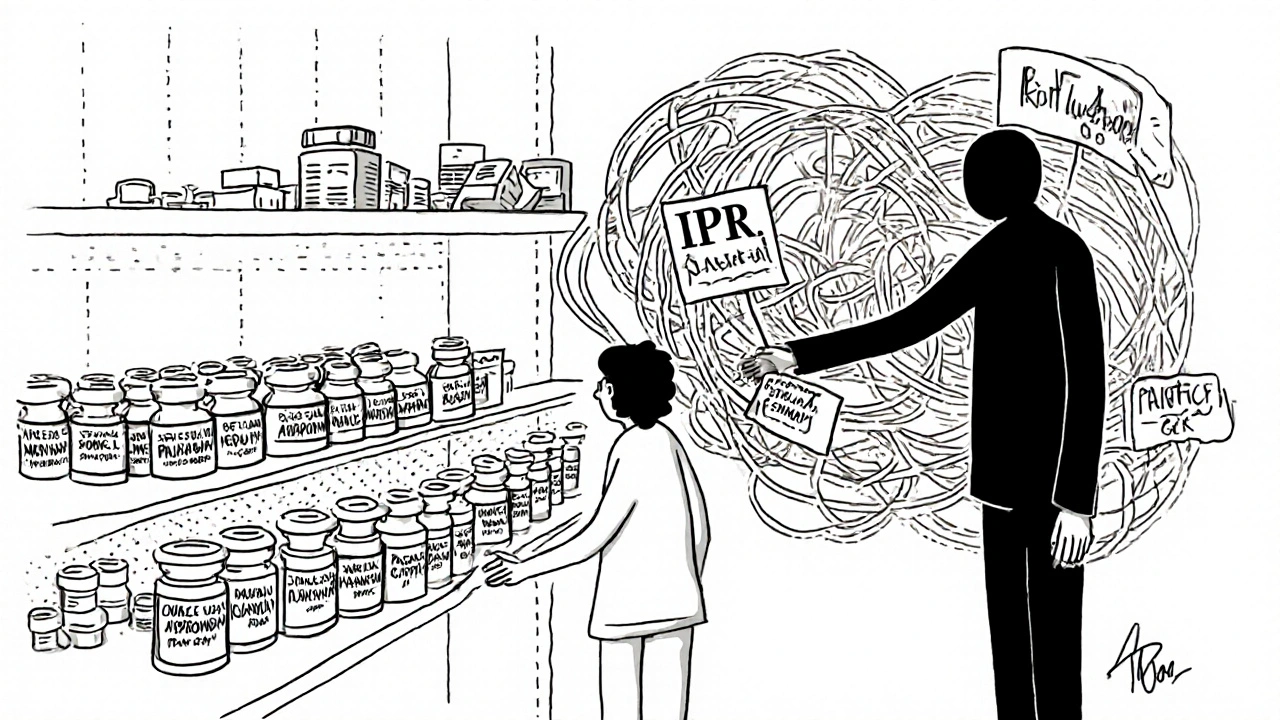 Pharmacy shelf with generic pills and a tangled web of patents blocking access, drawn in monoline style.