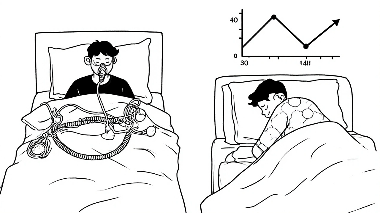 Side-by-side comparison of CPAP use versus side sleeping with positional therapy in monoline style.