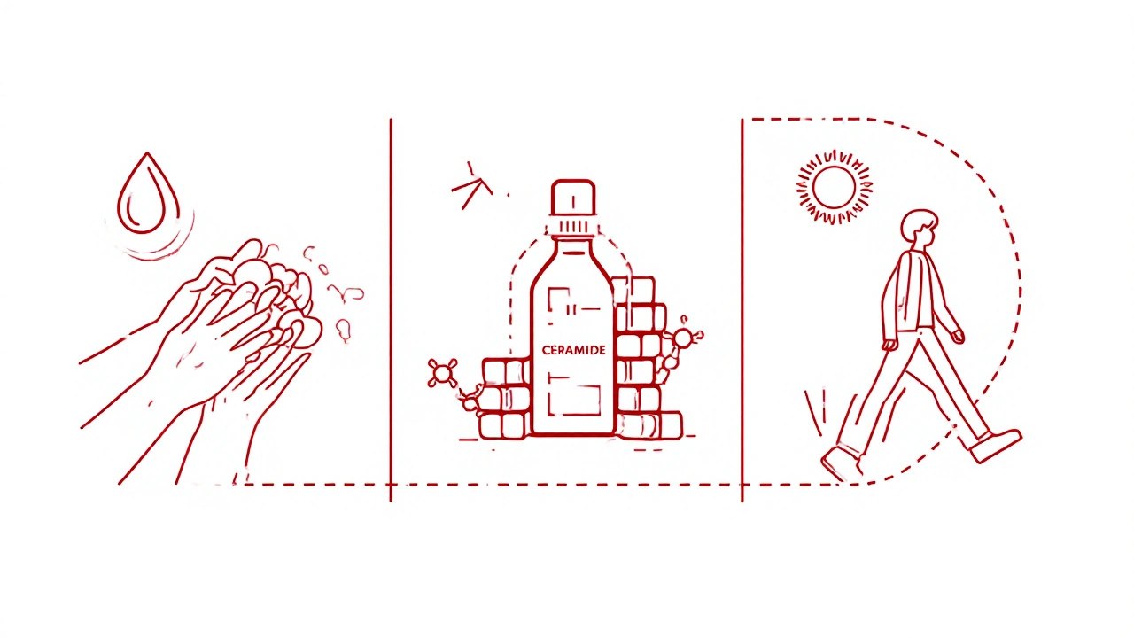 Three daily actions: handwashing, moisturizing, and walking, connected by a continuous line in minimalist monoline illustration.