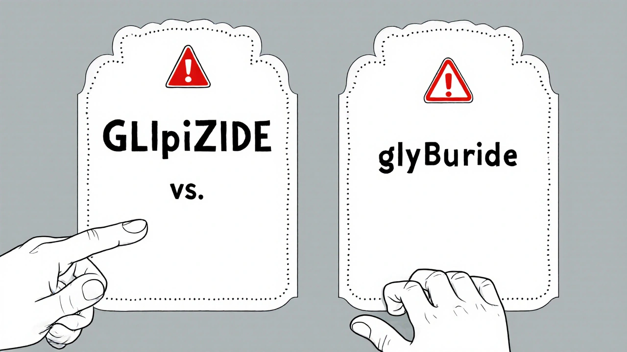 Two pharmacy labels side by side, highlighting the difference between correctly and incorrectly formatted drug names.
