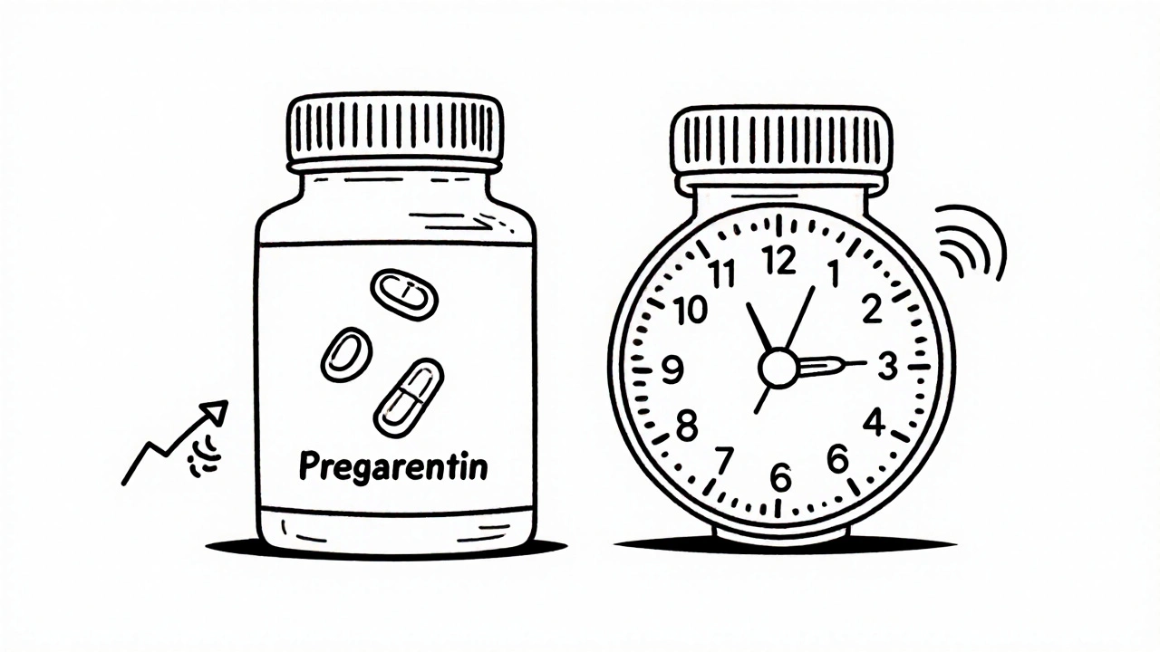 Two pill bottles compared: gabapentin with three daily doses versus pregabalin with two, showing weight gain and dizziness icons.