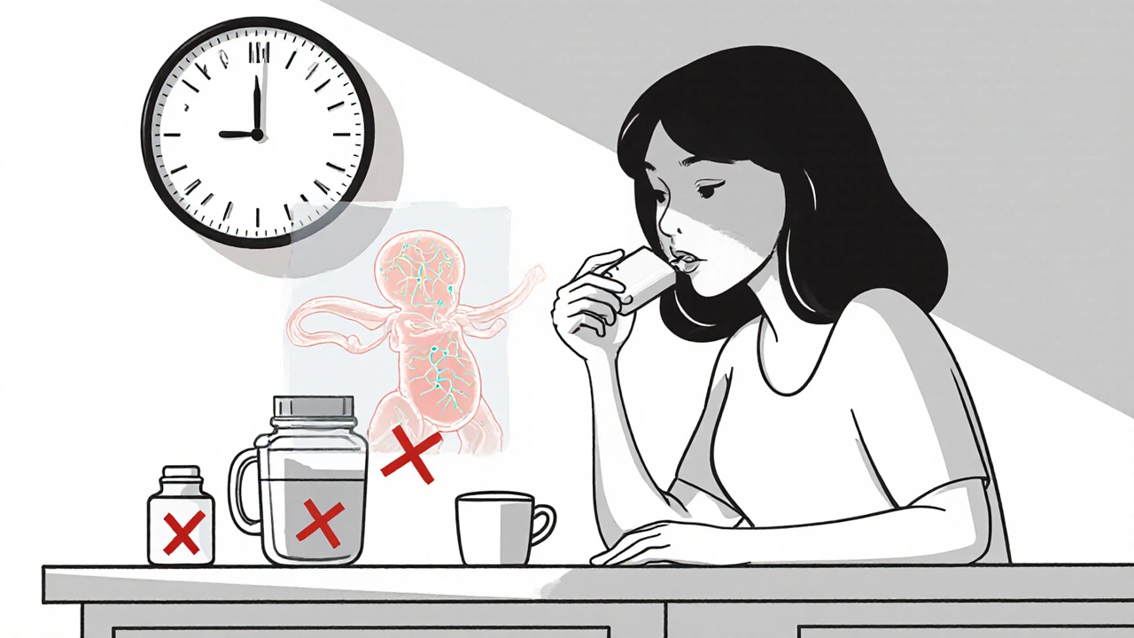 Woman taking thyroid medication before breakfast, avoiding calcium and coffee