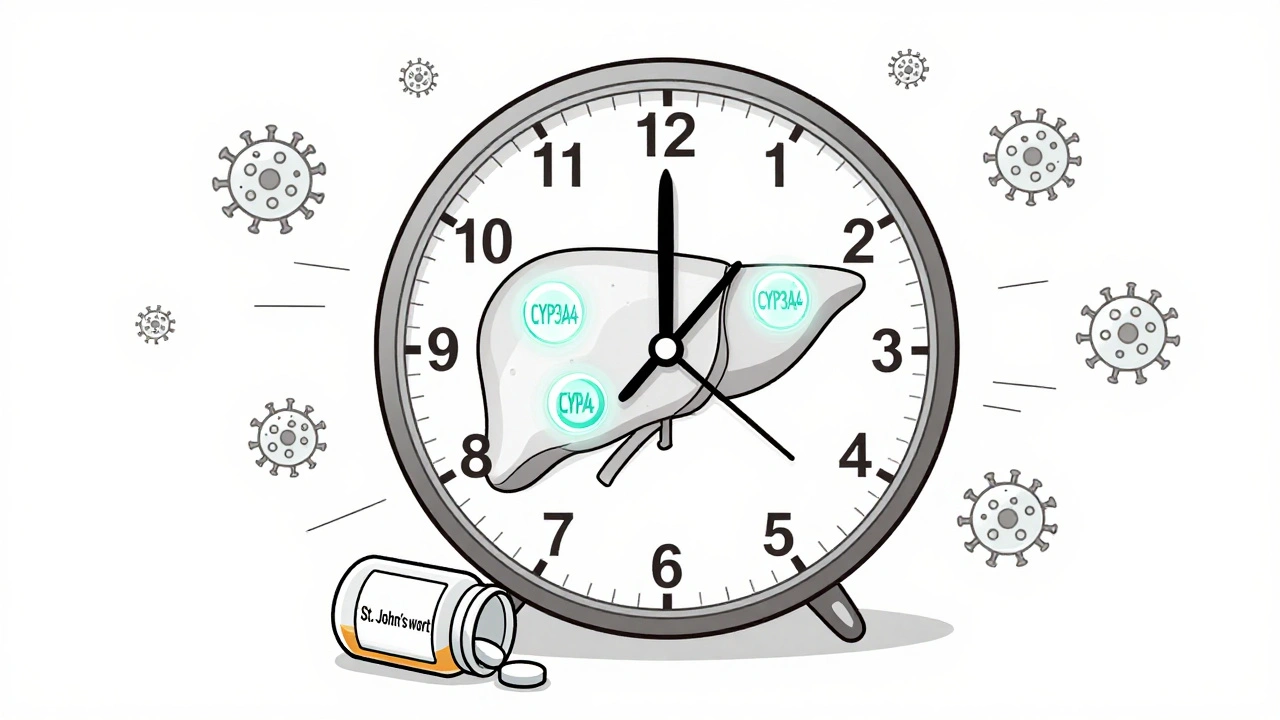 A 14-day clock with enzymes breaking down HIV medication, HIV particles multiplying in the background.