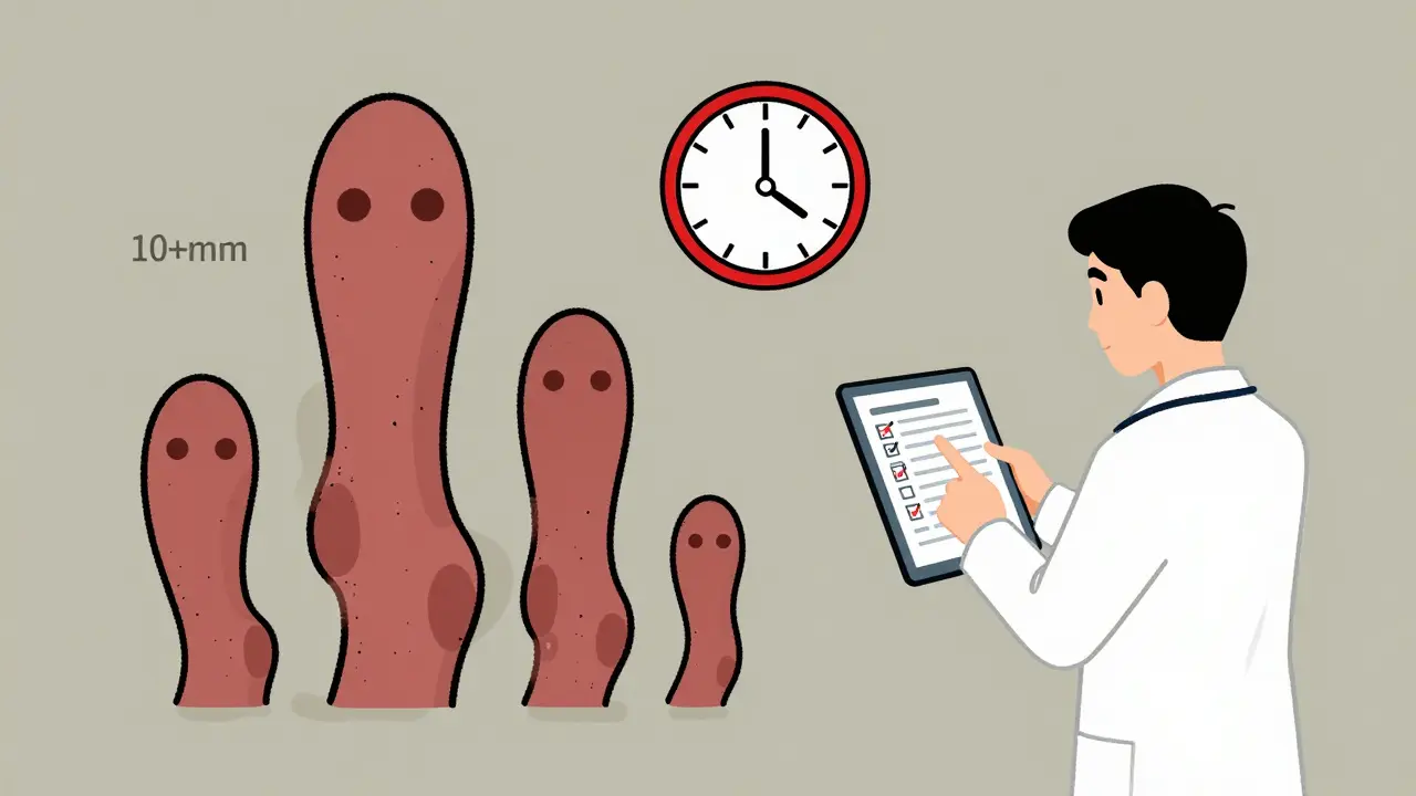 A colon with multiple polyps and a 3-year clock, showing high-risk classification in monoline art.
