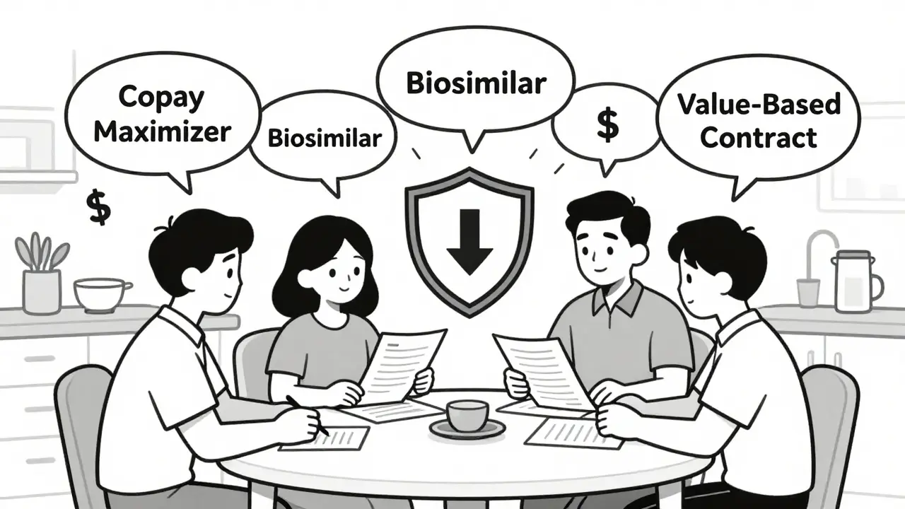 A family reviewing a medical bill with savings strategies floating above as thought bubbles.