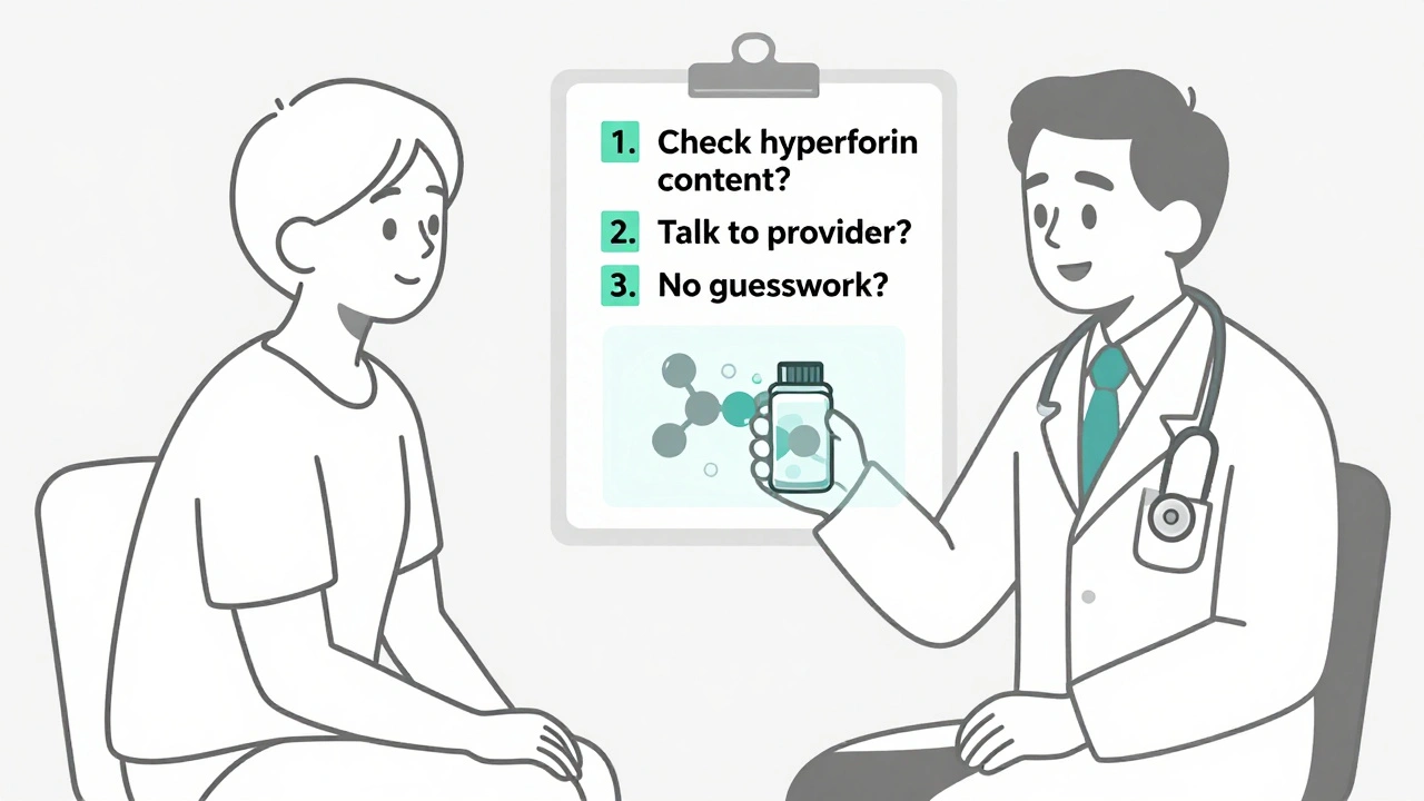 A patient and provider discussing a supplement bottle, with hidden hyperforin molecule revealed in overlay.