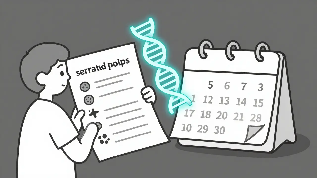A patient holding a pathology report with polyp symbols and a timeline calendar in monoline illustration.