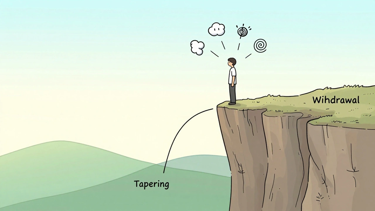 A person at a withdrawal cliff with symbolic symptoms above, safely descending a tapering path below.