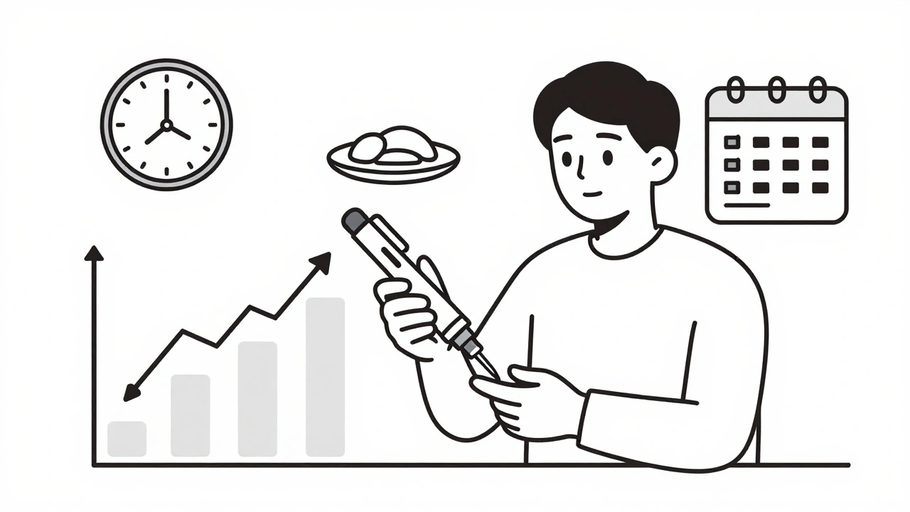 A person using a single insulin pen with an adherence graph rising beside them.