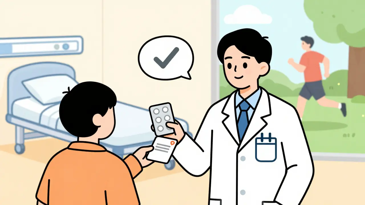 A pharmacist giving a blister pack to a patient, with hospital and healthy life scenes in the background.