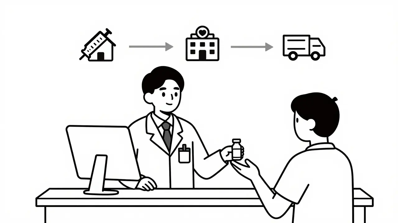 A pharmacist handing a medication to a patient, with specialty pharmacy options in the background.