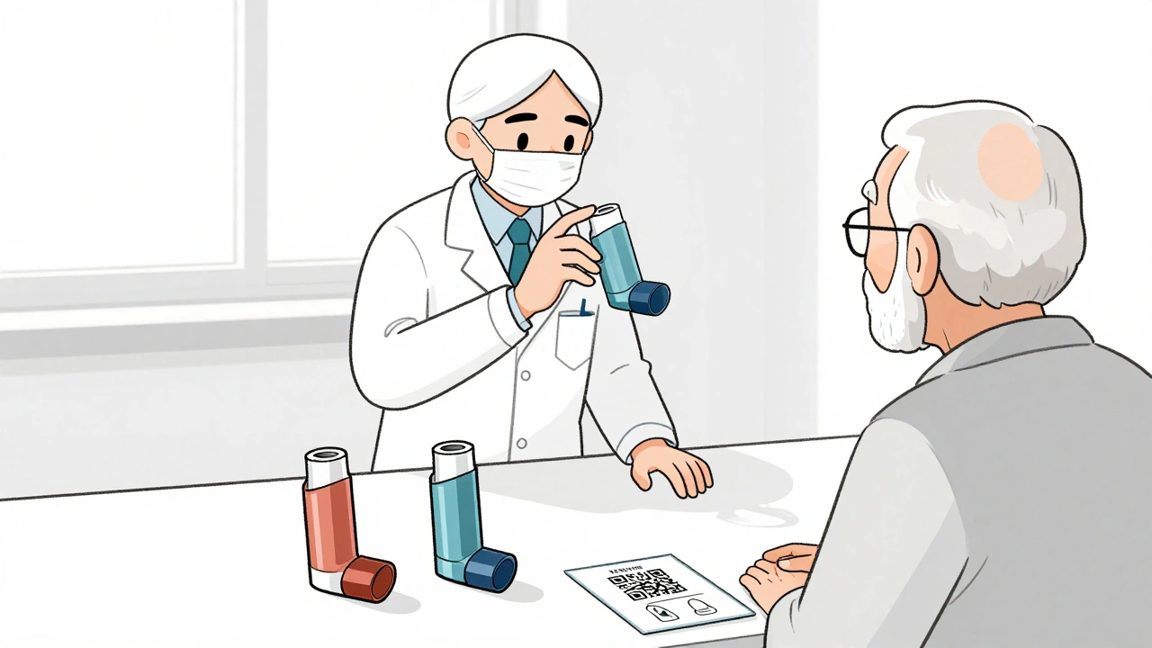 A pharmacist teaching a patient how to use a generic inhaler with visual aids nearby.