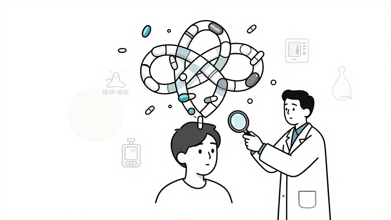 A pharmacist untangling a web of pills and supplements above a person’s head with a magnifying glass.
