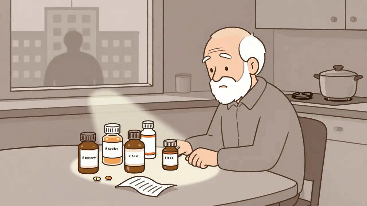 An elderly man surrounded by pill bottles, a hospital shadow in the window, receipt on the floor.