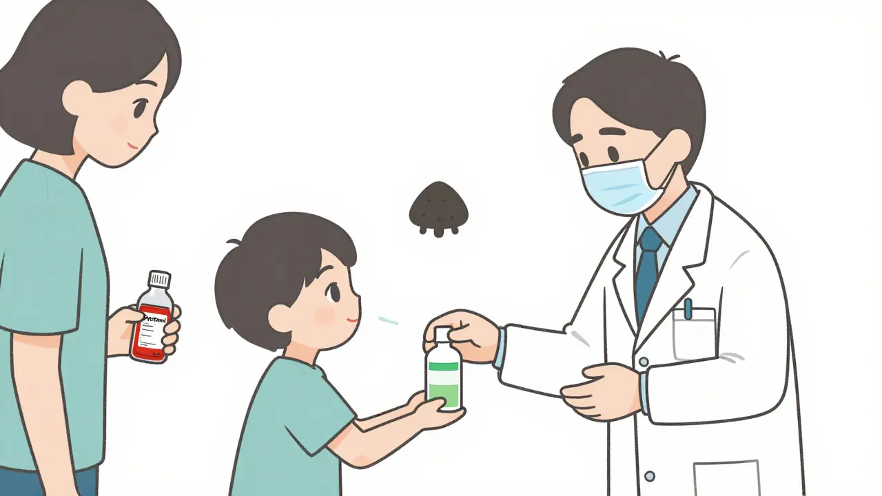 Child receiving hydration solution as parent discards Pepto-Bismol with warning symbol