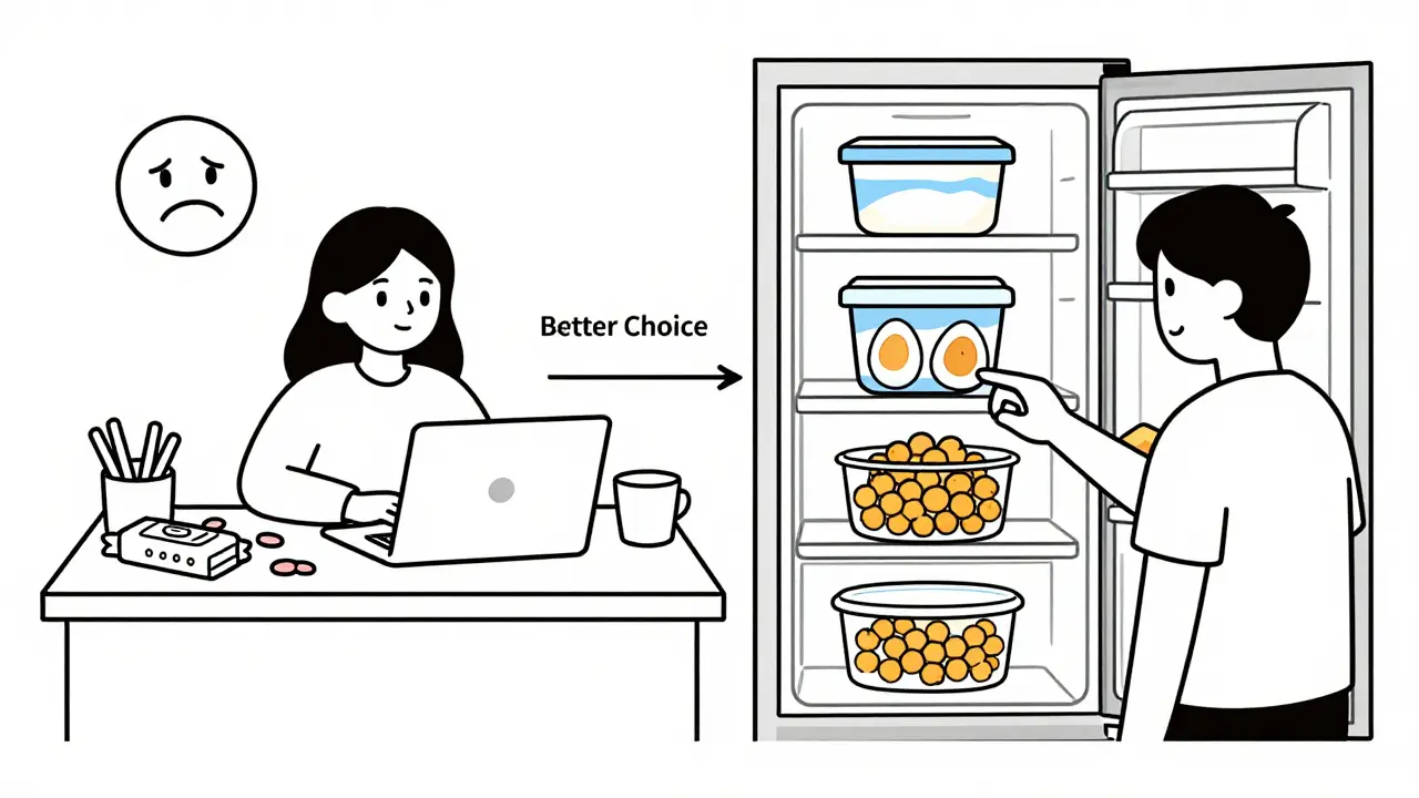 Contrast between unhealthy snack and healthy protein options in fridge