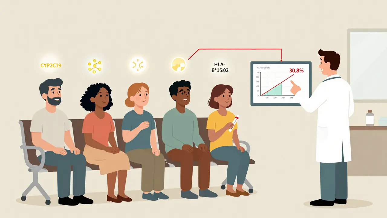 Diverse patients in clinic with glowing gene icons and doctor pointing to safety data
