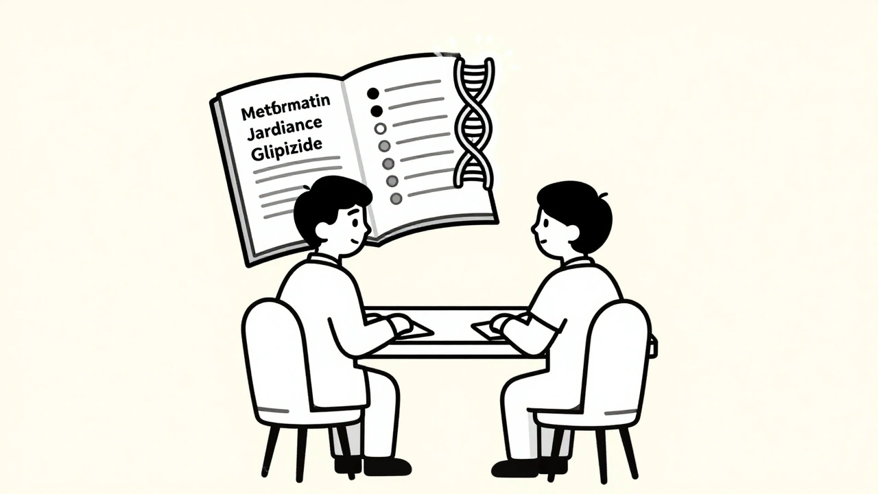 Doctor and patient discussing diabetes drugs with genetic symbol above.