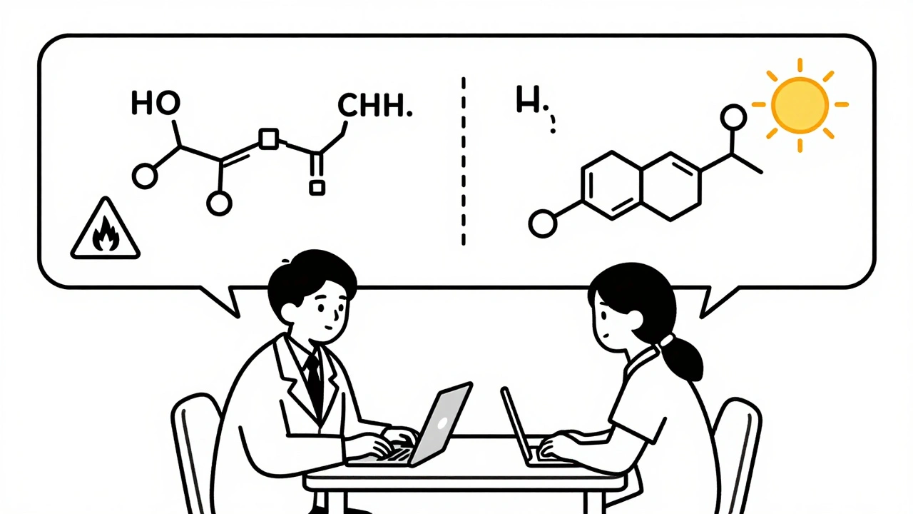 Doctor and patient with split chemical structure diagram showing safe vs. risky sulfa drugs in monoline art.