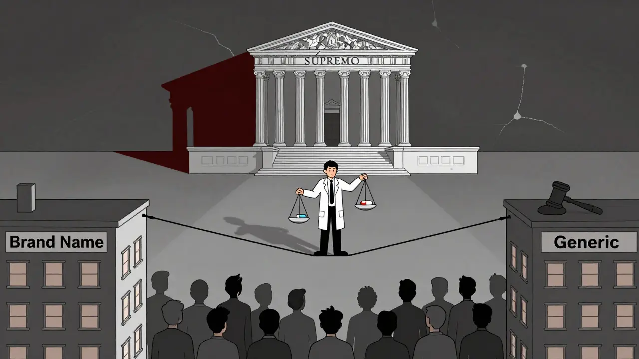 Doctor on tightrope between brand and generic drugs with gavel scale