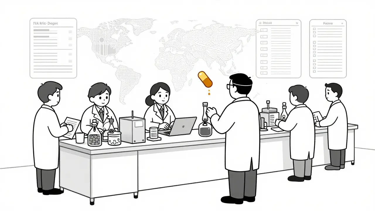 FDA inspector examining a drug manufacturing line with AI monitoring data streams in the background.