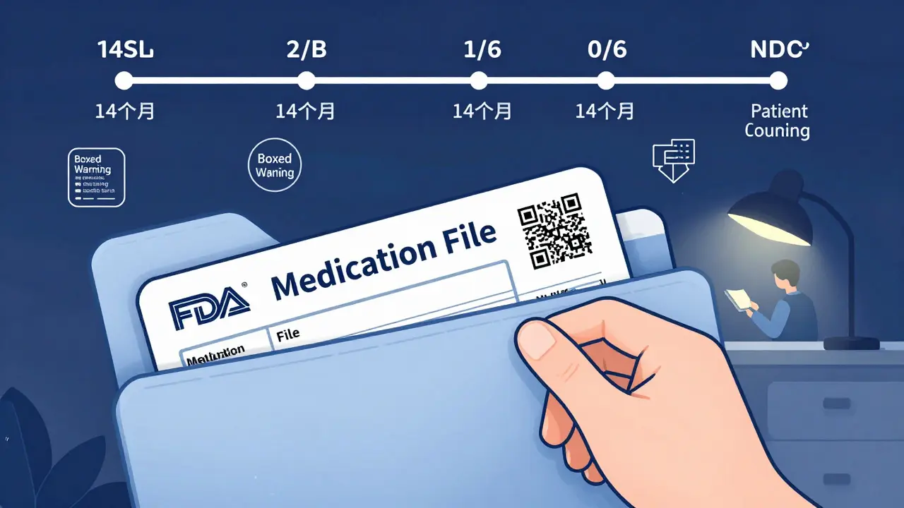 Hand placing FDA drug label into a file with timeline and QR code above.