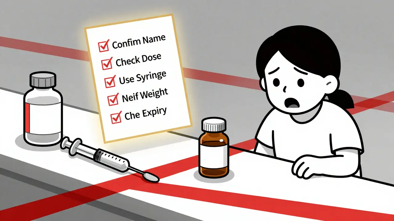 Medicine bottle and syringe beside a kitchen spoon with warning lines pointing to a checklist for safe dosing.