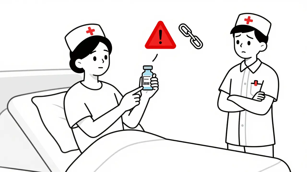Nurse scanning barcode while another observes, with warning symbols indicating safety risk.