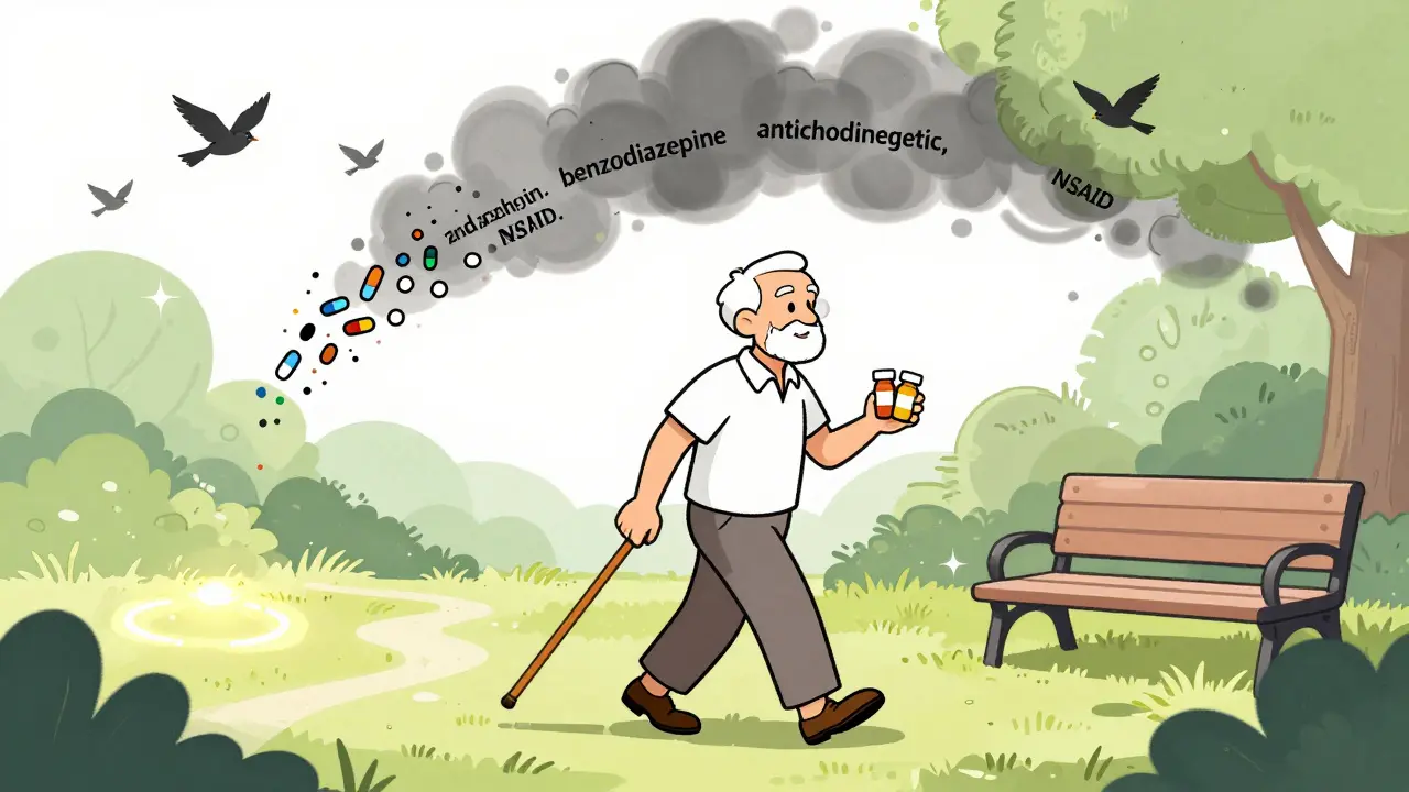 Older adult walking in a garden with only two pills, leaving behind unused medications.
