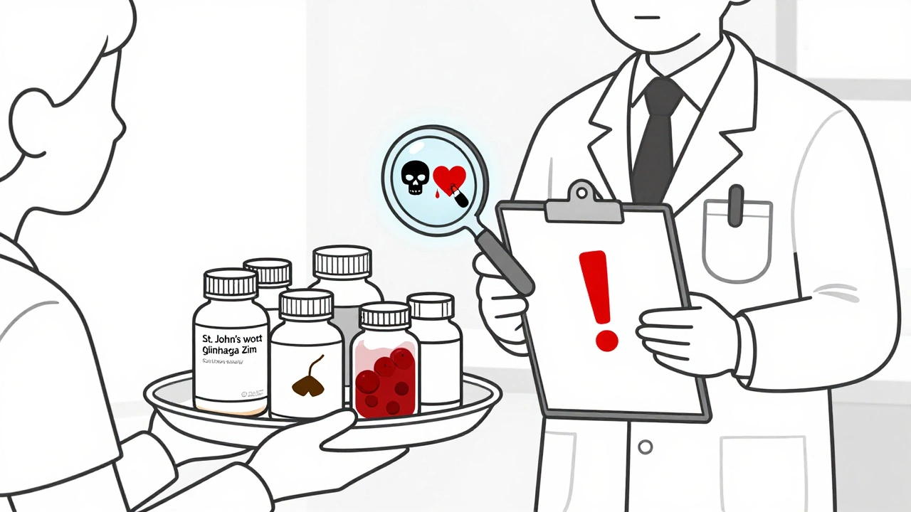 Patient giving supplements to doctor, who sees hidden danger symbols