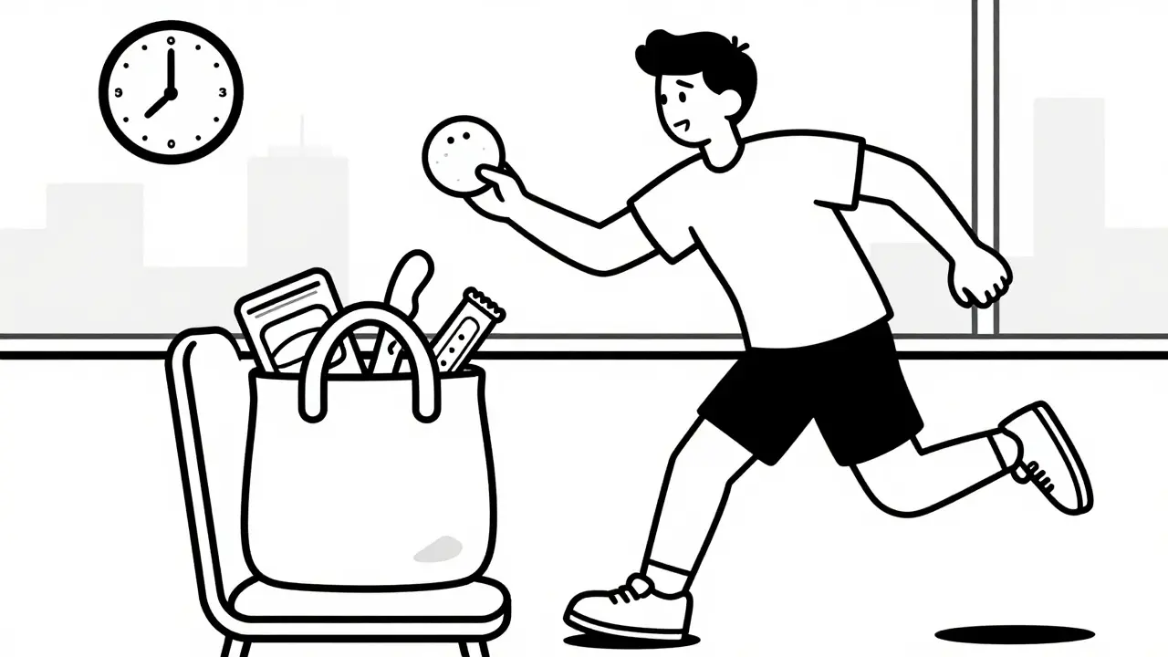 Person grabbing protein snack from bag during afternoon break