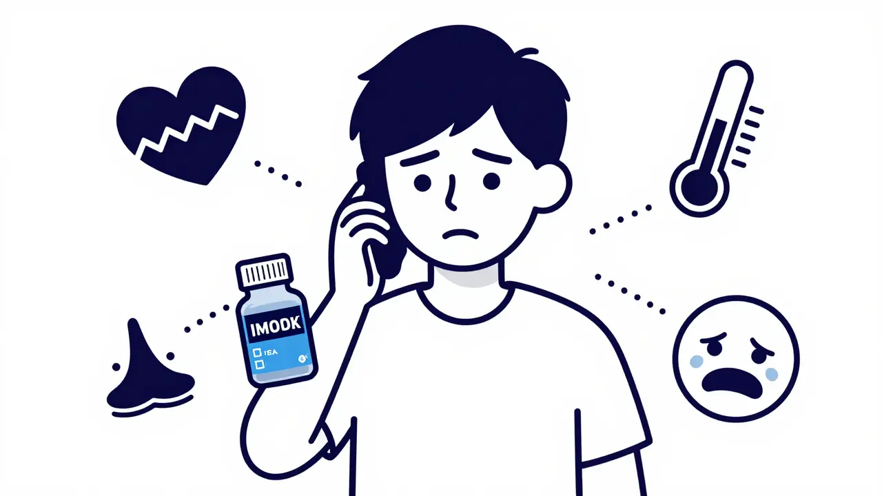 Person holding phone and Imodium, surrounded by medical warning icons