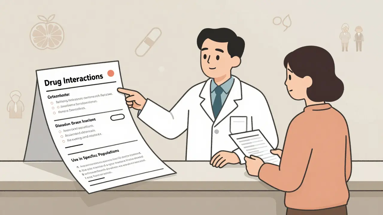 Pharmacist and patient reviewing drug label with interaction icons on a counter.
