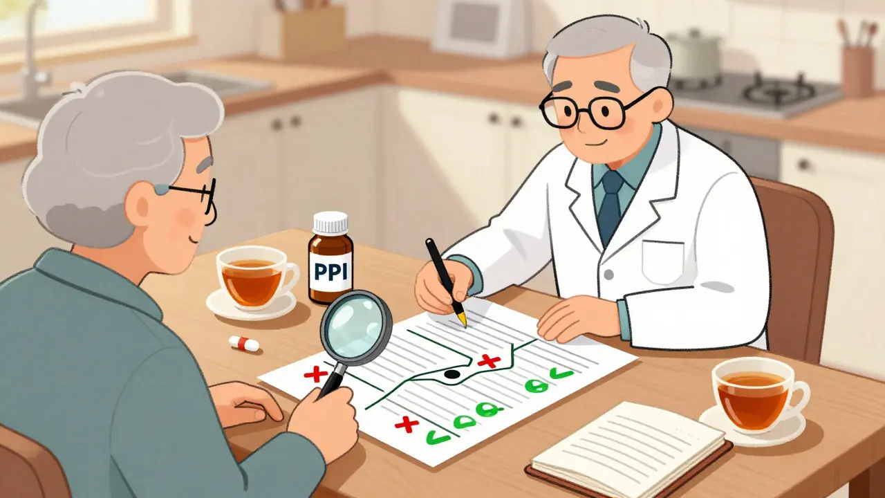 Pharmacist and senior reviewing a medication list at a kitchen table.